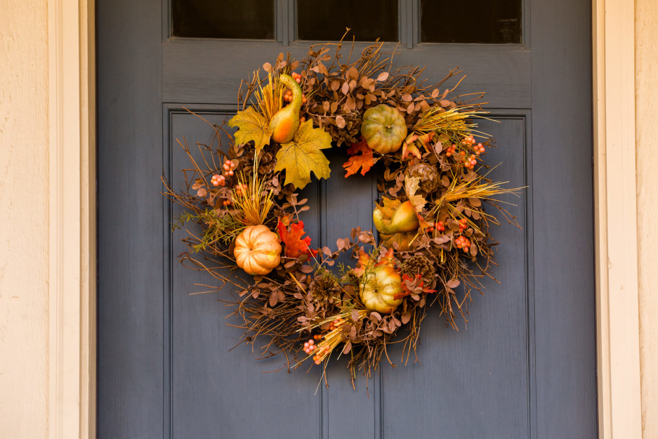Autumn wreath on blue door